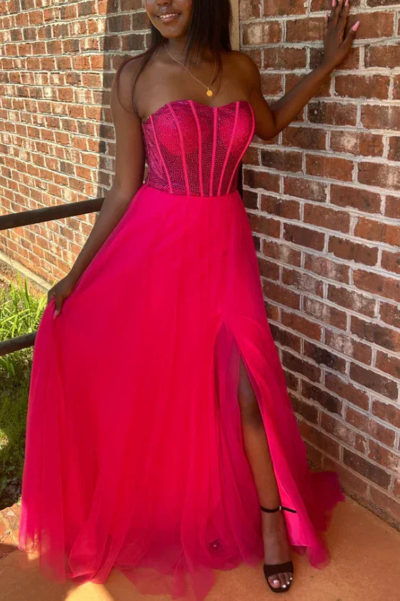 Abysmal | A-Line Strapless Beads Empire-Waist Sleeveless Prom Dress With Slit