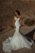 Modest Tulle Long Mermaid Wedding Dress With Lace Appliques Backless