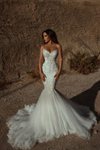 Modest Tulle Long Mermaid Wedding Dress With Lace Appliques Backless
