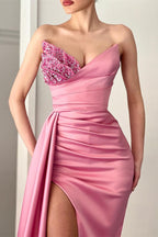 Vestido de fiesta de noche largo con escote en V, cuentas, corte sirena, abertura frontal y volantes