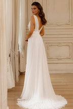 Chiffon A Line V Neck Sleeveless Wedding Dress With Open Back