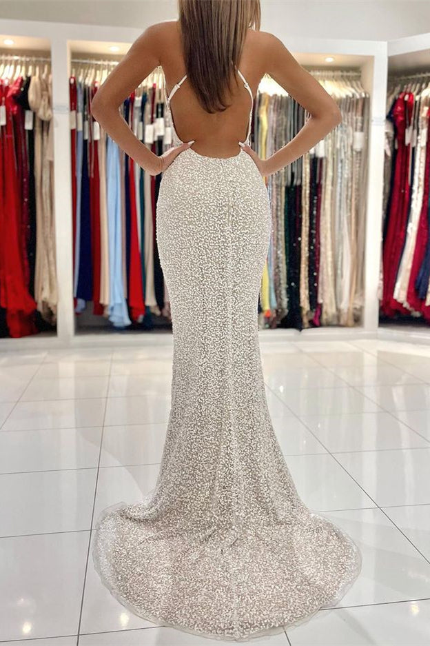 Abito da sera sirena con paillettes e spalline sottili, schiena scoperta