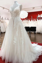 Chic Tulle V Neck Open Back Long A Line Wedding Dress With Lace Ruffles