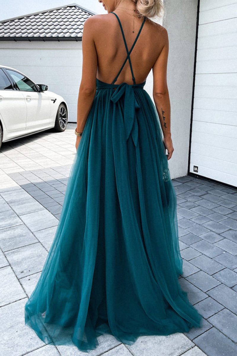 Vestido de Noite Sexy com Decote em V em Malha de Renda Sólida