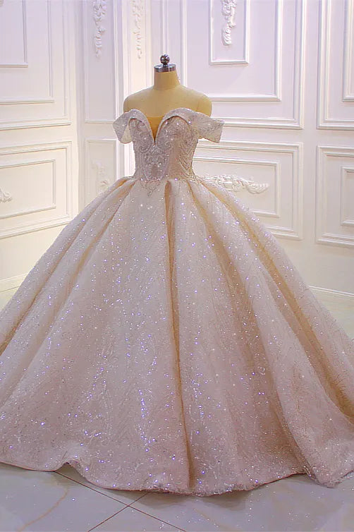Off The Shoulder Satin Ball Gown Wedding Dress With Ruffles Beading And Sequins