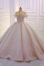 Off The Shoulder Satin Ball Gown Wedding Dress With Ruffles Beading And Sequins