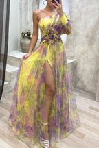 Elegantes Abendkleid mit allmählich wechselndem Schlitz und schrägem Kragen (5 Farben) 