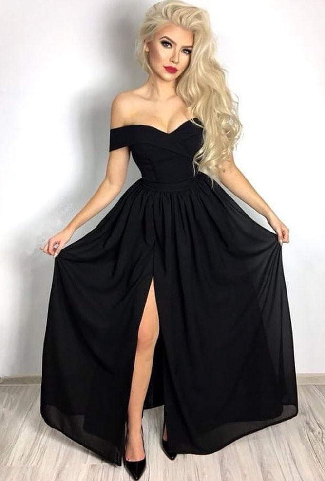 Robe de bal noire minuit élégante à épaules dénudées avec volants et fente avant