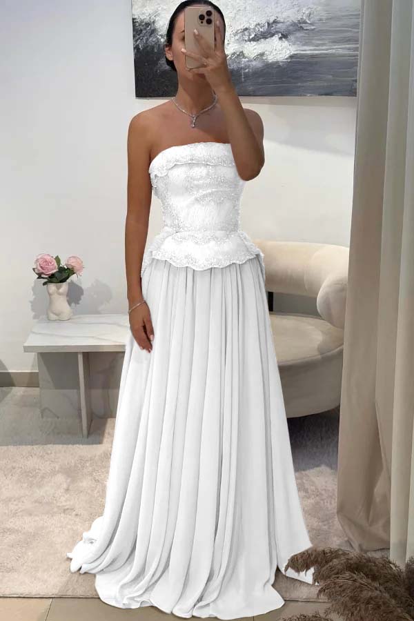 Chic Strapless Sleeveless Long Pleated Beaded Custom Prom Dress