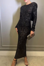Abito da sera con scollo a O, fiocco e paillettes lisce e sensuali