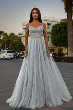Tulle Spaghetti Strap Sleeveless A Line Prom Dress With Sequins Beads