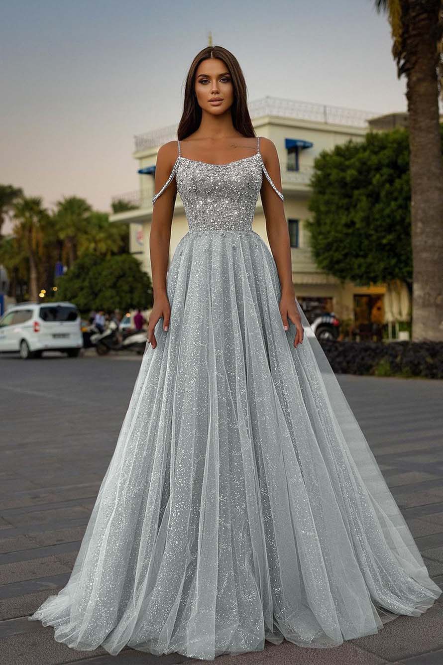 Tulle Spaghetti Strap Sleeveless A Line Prom Dress With Sequins Beads