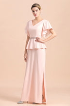 BMbridal Glamorous V-Neck Front Slit Mother of Bride Dresses with Beadings Sash