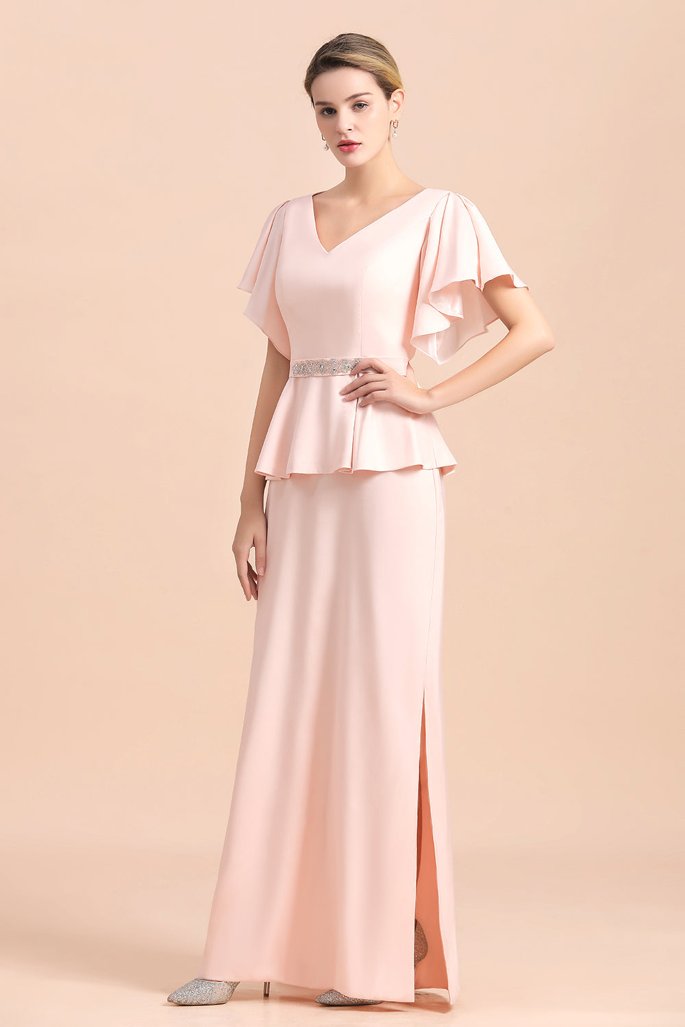 BMbridal Glamorous V-Neck Front Slit Mother of Bride Dresses with Beadings Sash