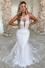 Mermaid Satin Wedding Dress With Spaghetti Straps Backless Lace