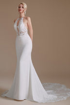 Charming Backless Long Mermaid Halter Satin Wedding Dresses With Lace Appliques