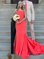 Adley | One Shoulder Mermaid Sleeveless Satin Prom Dress with Train