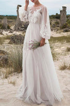 Elegant Tulle Bubble Sleeves Lace Wedding Dress For Brides Romantic Silhouette