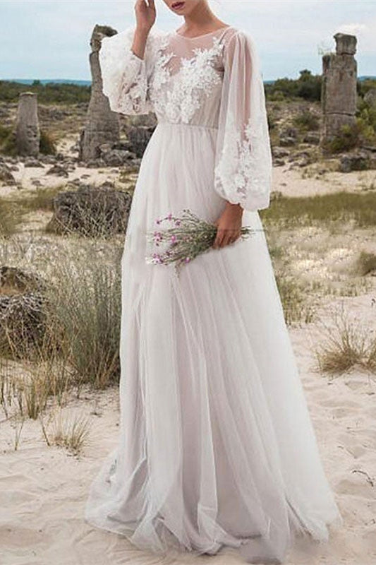 Elegant Tulle Bubble Sleeves Lace Wedding Dress For Brides Romantic Silhouette