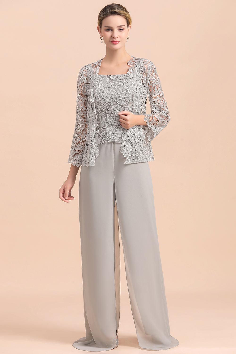 BMbridal Elegant Silver Lace Top Chiffon Mother of Bride Jumpsuit Online with Wrap