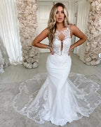 Mermaid Satin Wedding Dress With Spaghetti Straps Backless Lace