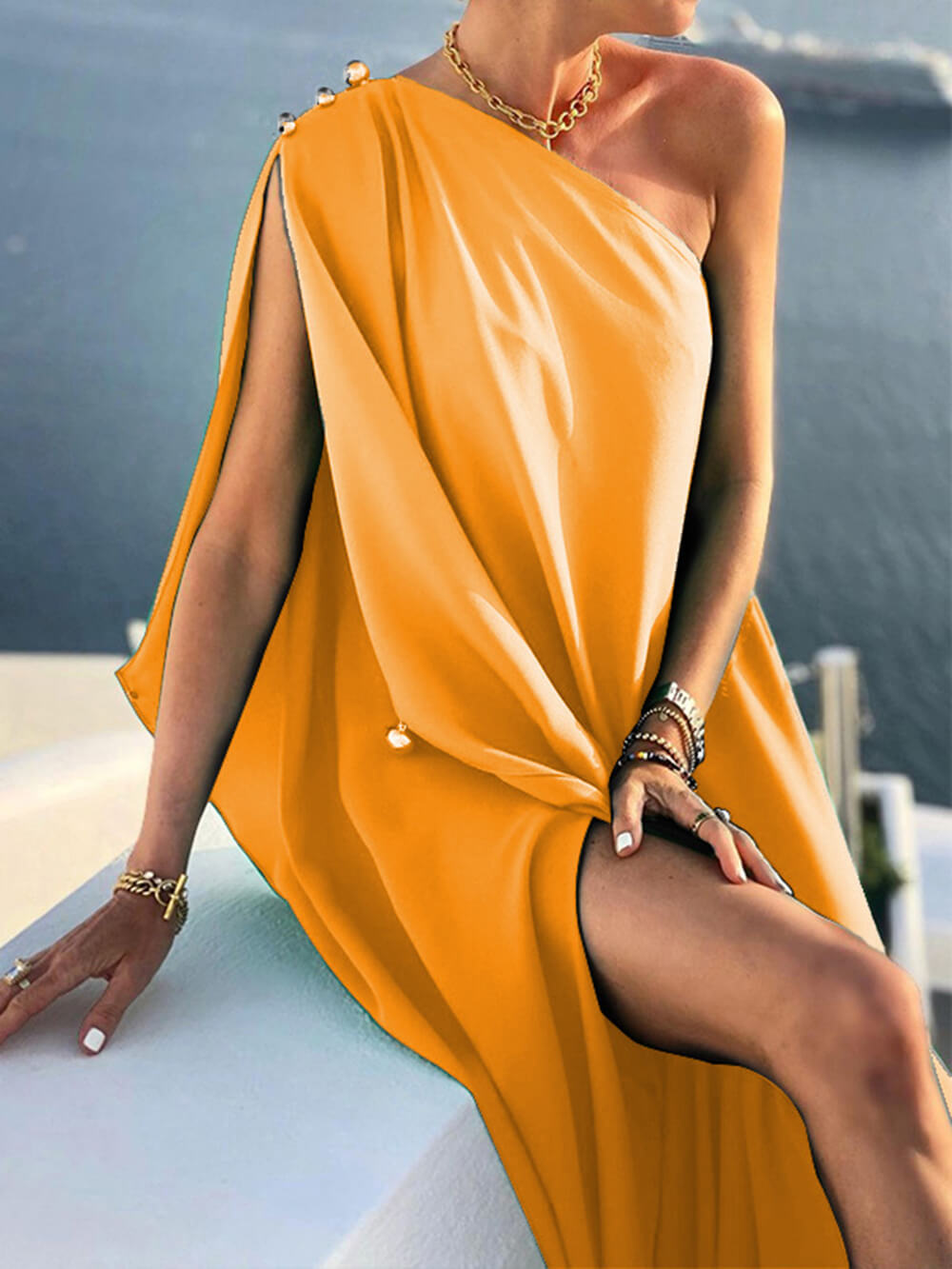 Robe longue décontractée unie et à une épaule à la mode