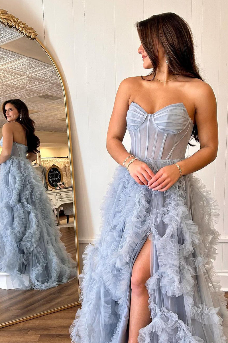 Strapless Ruffle Tulle A-Line Long Prom Dresses with Slit