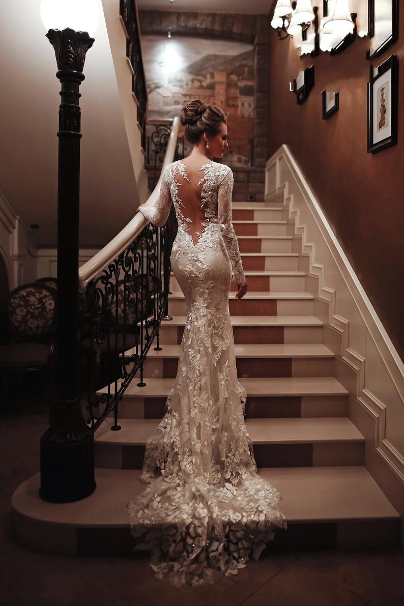 Charming White High Neck Backless Mermaid Wedding Dress With Applique Lace
