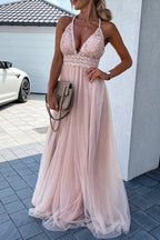 Vestido de Noite Sexy com Decote em V em Malha de Renda Sólida