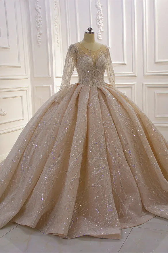 Glamorous Bateau Long Sleeve Floor Length Ball Gown Wedding Dress With Ruffles