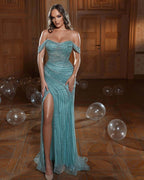 Robe de bal longue sirène en tulle avec perles et paillettes, épaules dénudées, fendue