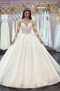 Elegant Long Sleeve Wedding Dress With Lace Appliques And High Neck