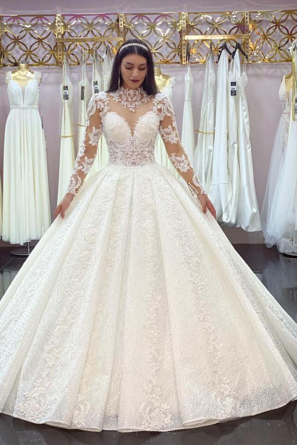 Elegant Long Sleeve Wedding Dress With Lace Appliques And High Neck