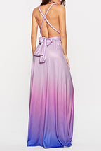 Vestido de Noite com Decote em V e Banda de Contraste de Mudança Gradual Sensual