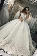 Chic Ball Gown Wedding Dress With Short Sleeves Sheer Tulle And Appliques