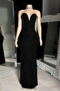 Black Strapless V Neck Sequins Long Mermaid Prom Dress