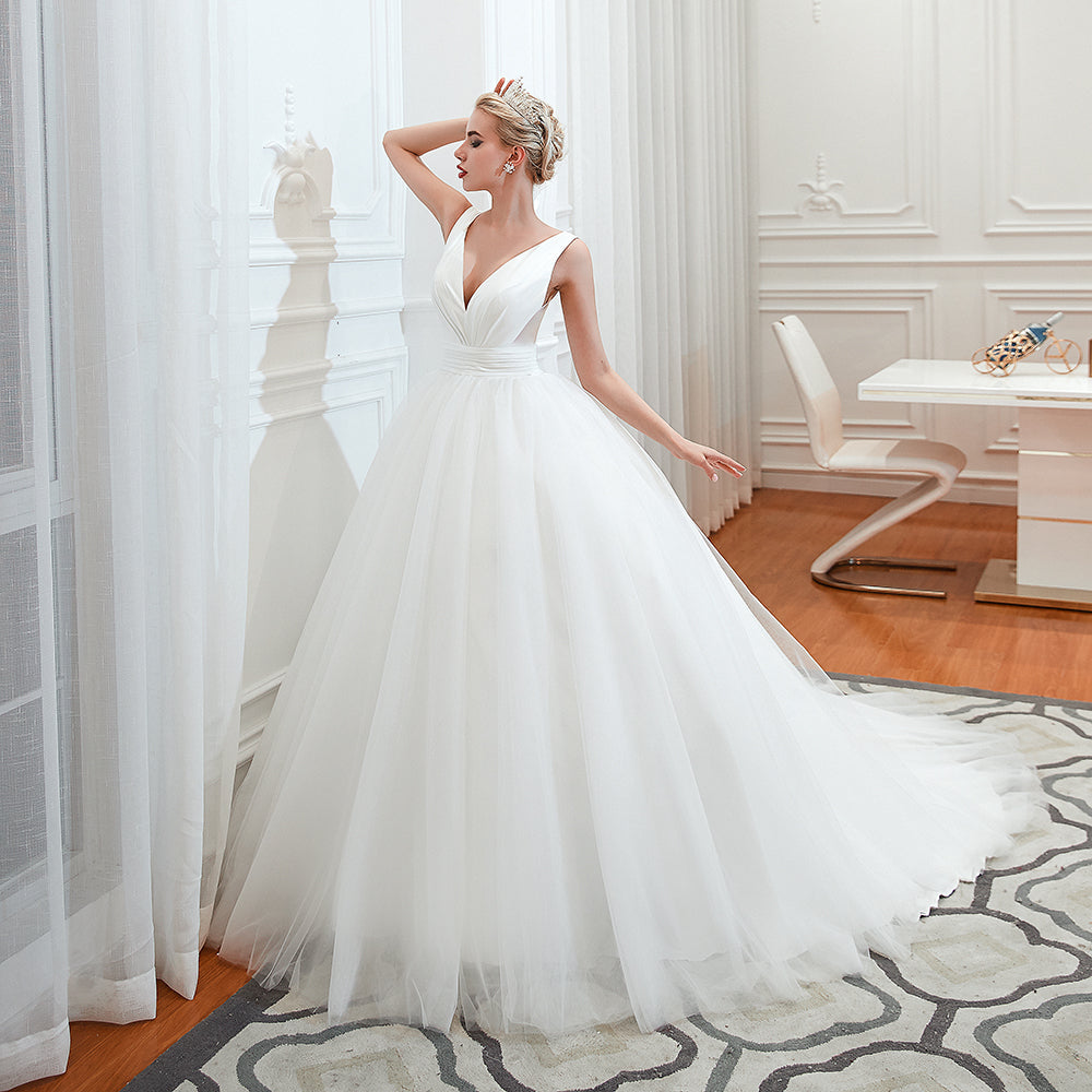 Charming V Neck Wide Straps Deep Floor Length A Line Tulle Wedding Dress