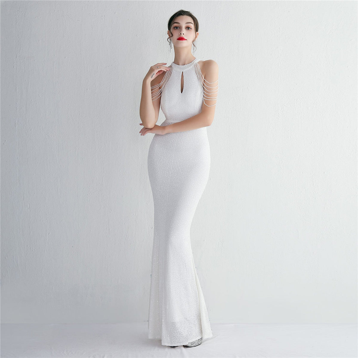 Pailletten Craft Perlen Cocktail Abendkleid Elegante Lange Neckholder Slim Fit Fischschwanz 