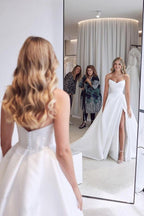 Brilliant Satin A Line Floor Length Sweetheart Wedding Dress With Slit Ruffles