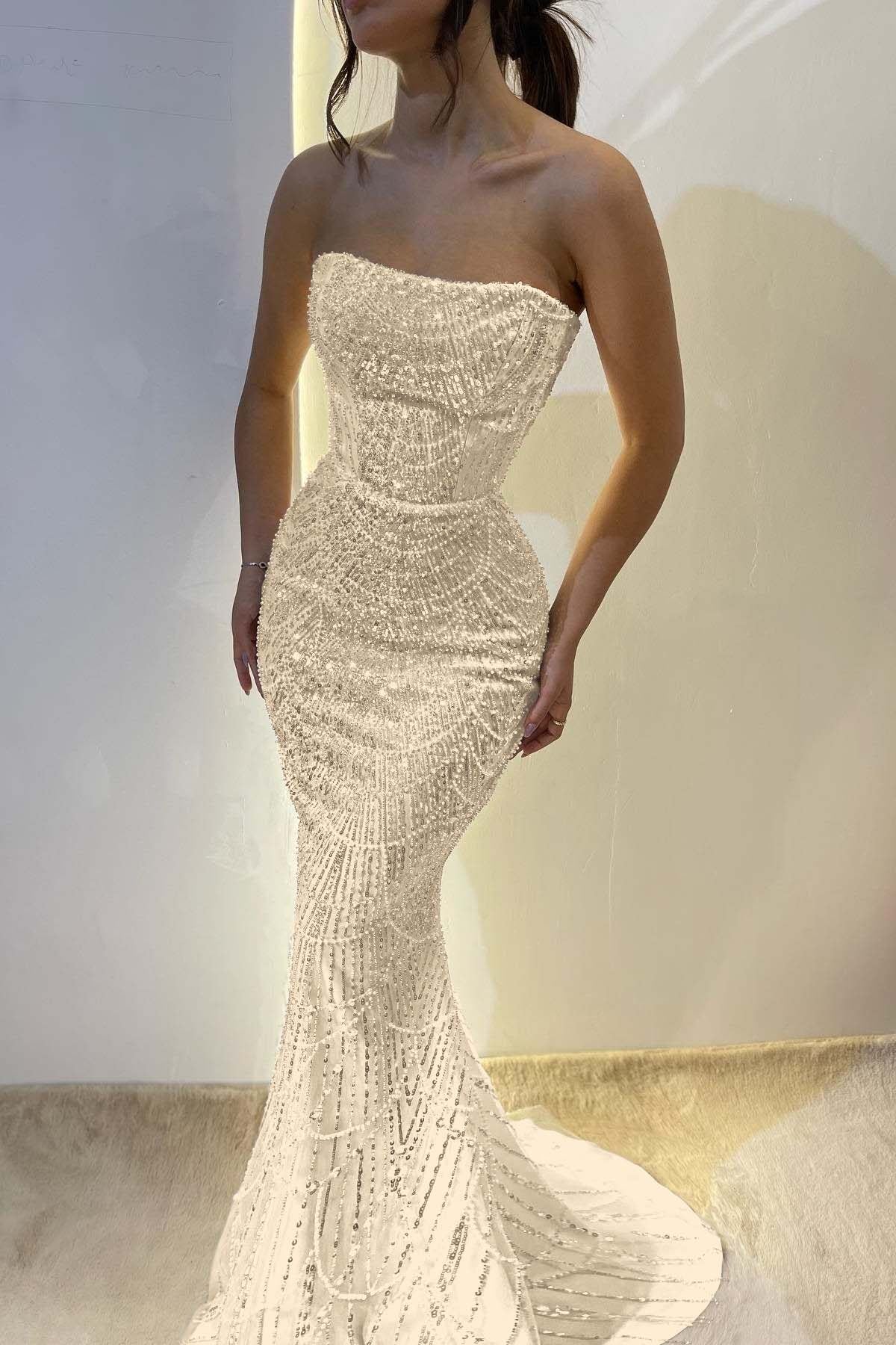 Chic Strapless Long Mermaid Prom Dress With Sequins Custom Colors And Sizes