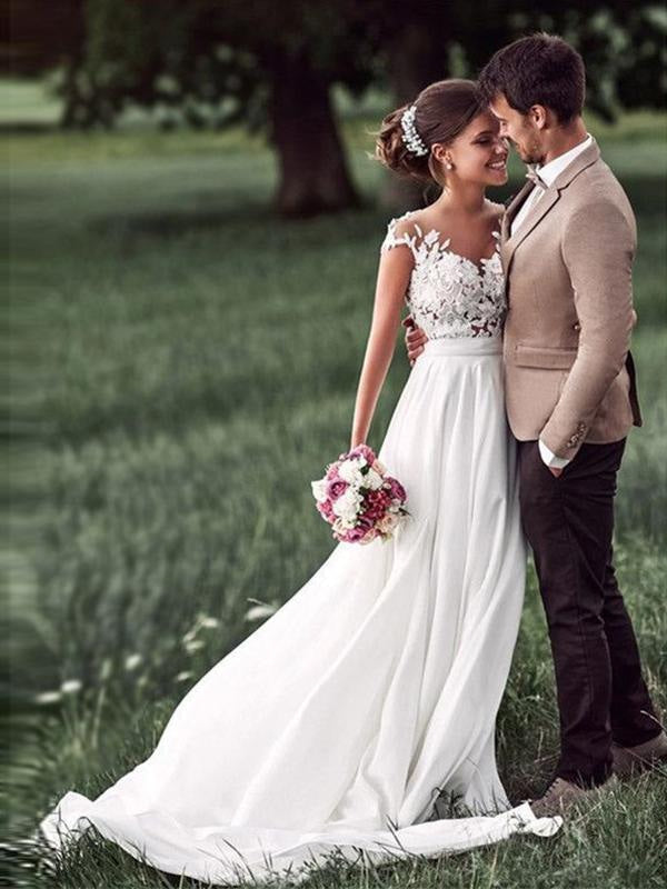 Cap Sleeves Lace Wedding Dress With Button Back Chiffon Floor Length Illusion