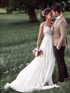 Cap Sleeves Lace Wedding Dress With Button Back Chiffon Floor Length Illusion