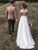 Cap Sleeves Lace Wedding Dress With Button Back Chiffon Floor Length Illusion