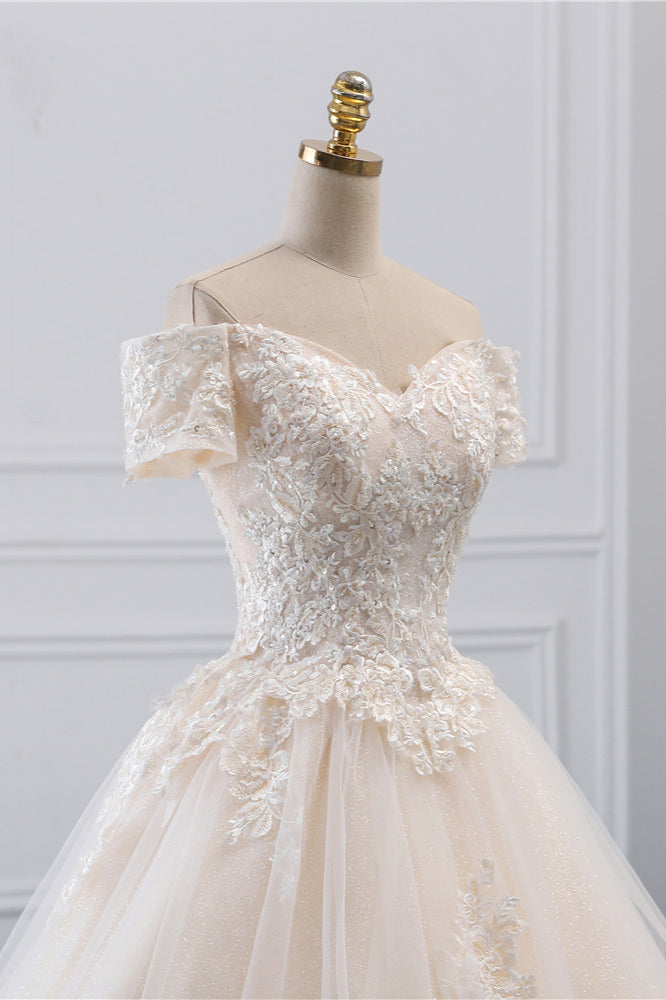 Off The Shoulder White Tulle Lace Wedding Dress With Appliques On Sale