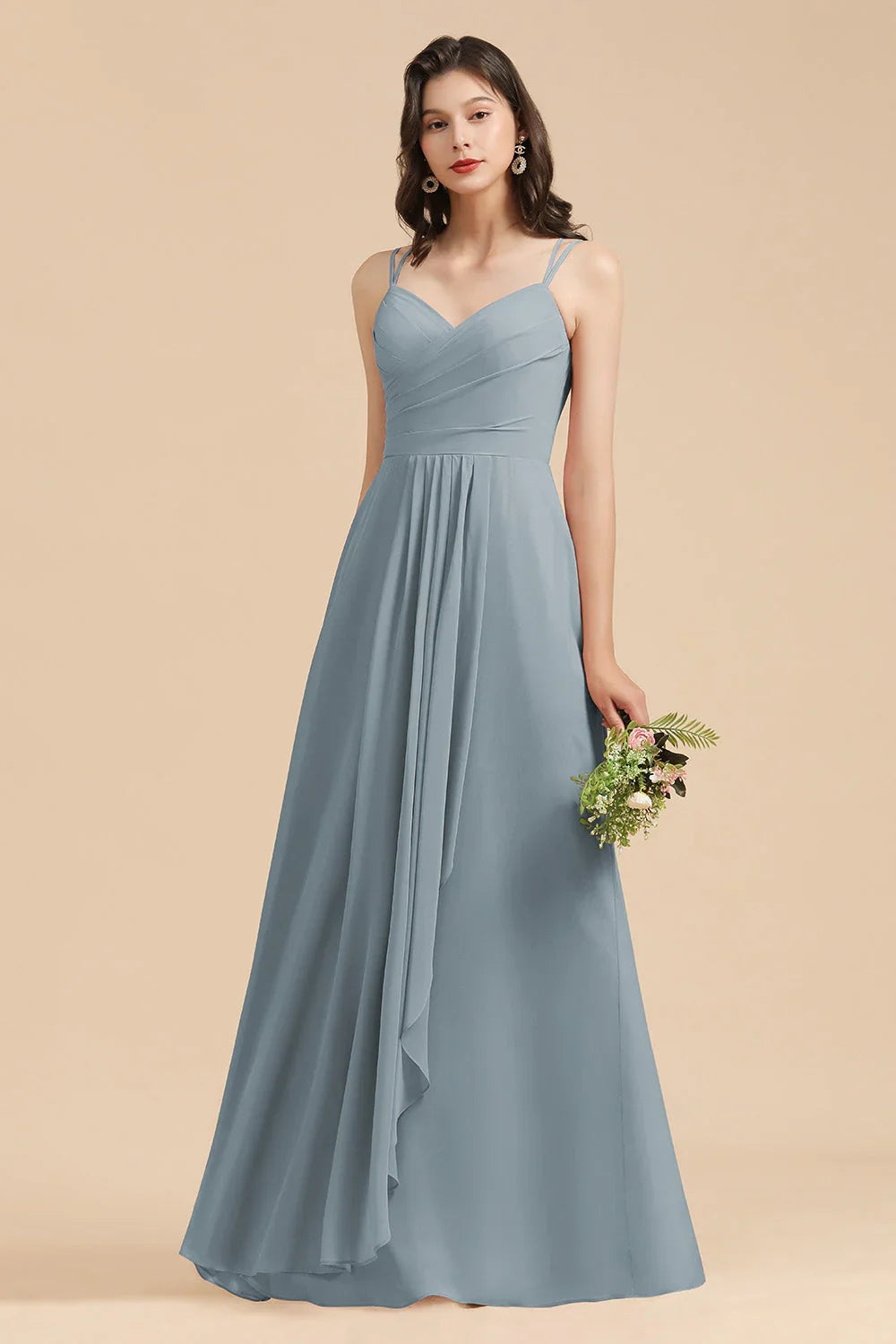 Affordable V-Neck Ruffle Dusty Blue Chiffon Bridesmaid Dresses