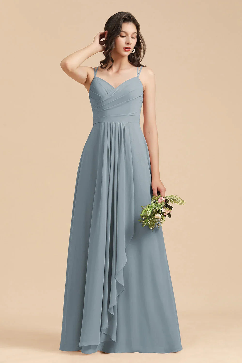 Affordable V-Neck Ruffle Dusty Blue Chiffon Bridesmaid Dresses