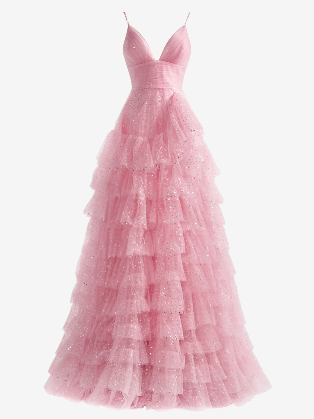 Hellrosa A-Linien-Ballkleid aus Tüll mit gestuften Spaghettiträgern 