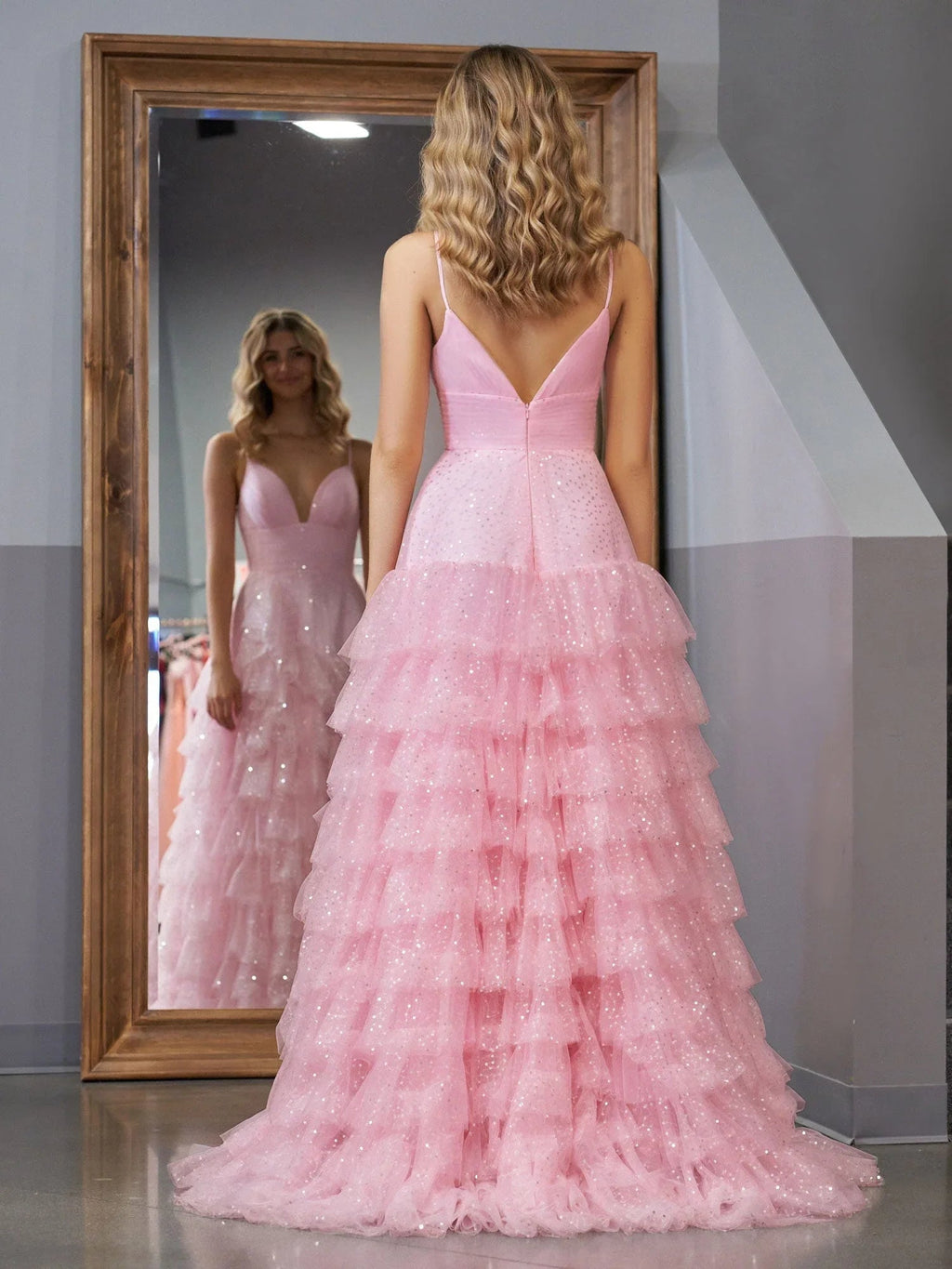 Alianna | Light Pink A-Line Tiered Spaghetti Straps Tulle Prom Dress