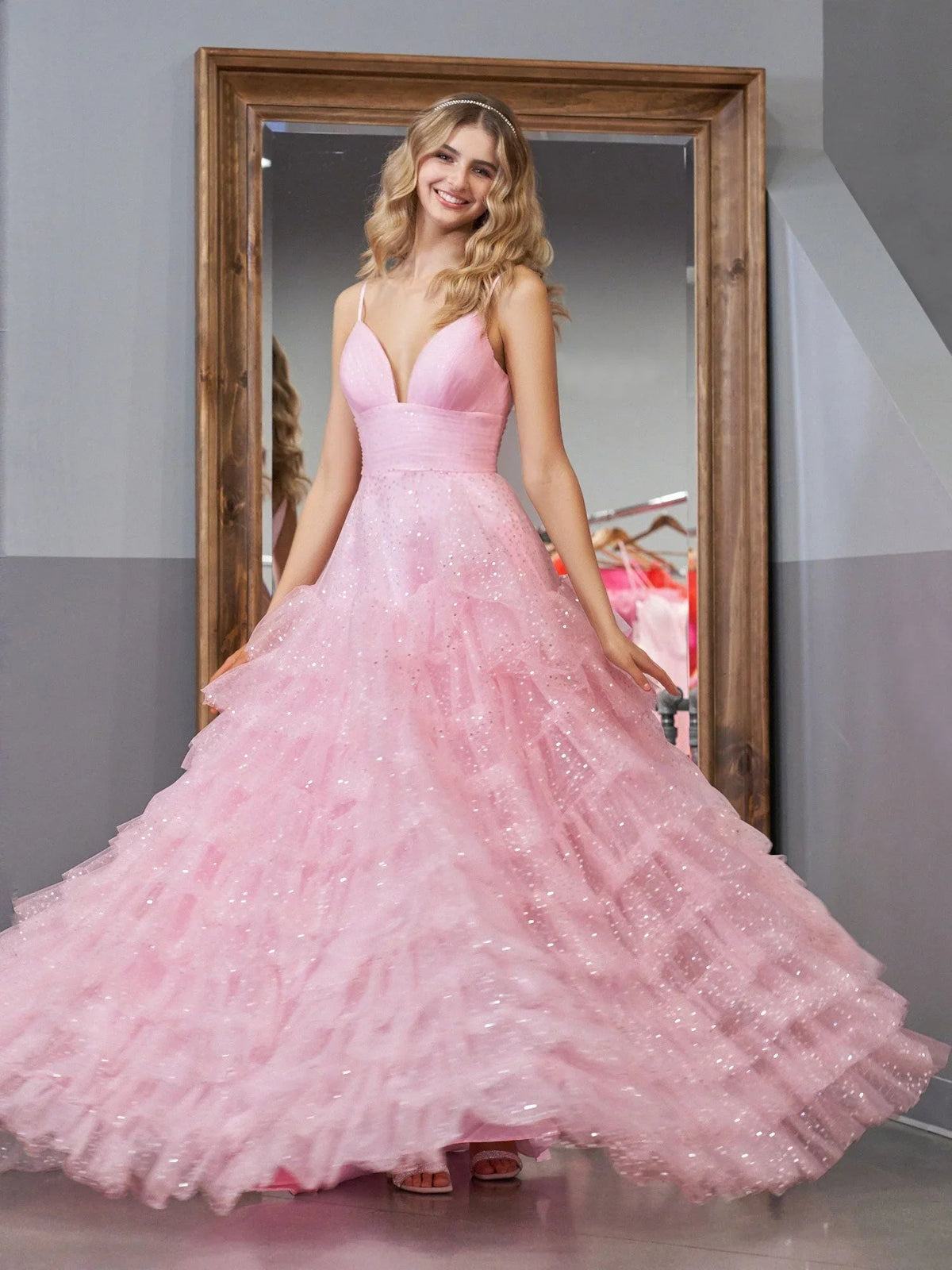 Alianna | Light Pink A-Line Tiered Spaghetti Straps Tulle Prom Dress