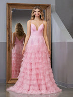 Alianna | Light Pink A-Line Tiered Spaghetti Straps Tulle Prom Dress